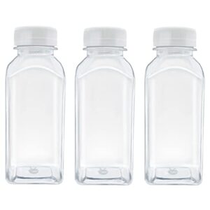 myyzmy 3 pcs 8 ounce plastic juice bottles, reusable bulk beverage containers for juice, milk and other beverages, white lid