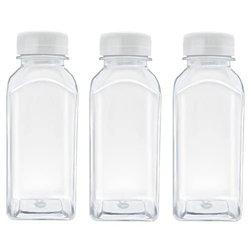 MYYZMY 3 Pcs 8 Ounce Plastic Juice Bottles, Reusable Bulk Beverage Containers for Juice, Milk and Other Beverages, White lid