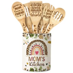 rabbitable gifts for mom, ceramic utensil holder for cooking with wooden spoons mothers day gifts for mom, mom mothers day gift cooking tools kitchen utensils set with wooden spoons for 6