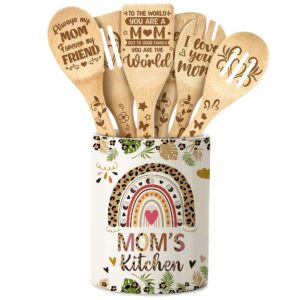 Rabbitable Gifts for Mom, Ceramic Utensil Holder for Cooking with Wooden Spoons Mothers Day Gifts for Mom, Mom Mothers Day Gift Cooking Tools Kitchen Utensils Set with Wooden Spoons for 6