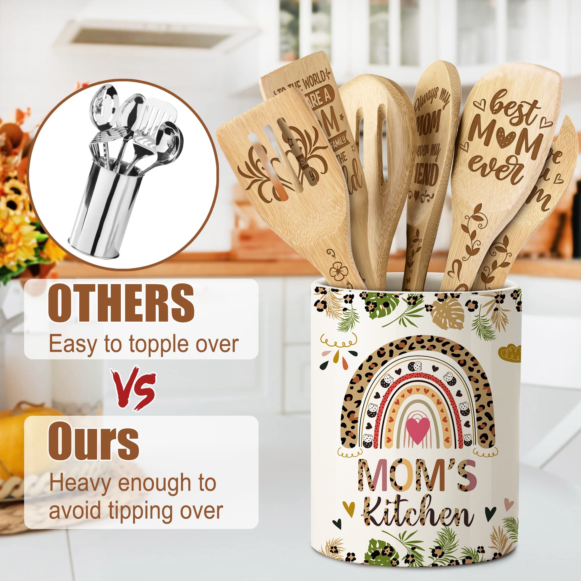 Rabbitable Gifts for Mom, Ceramic Utensil Holder for Cooking with Wooden Spoons Mothers Day Gifts for Mom, Mom Mothers Day Gift Cooking Tools Kitchen Utensils Set with Wooden Spoons for 6