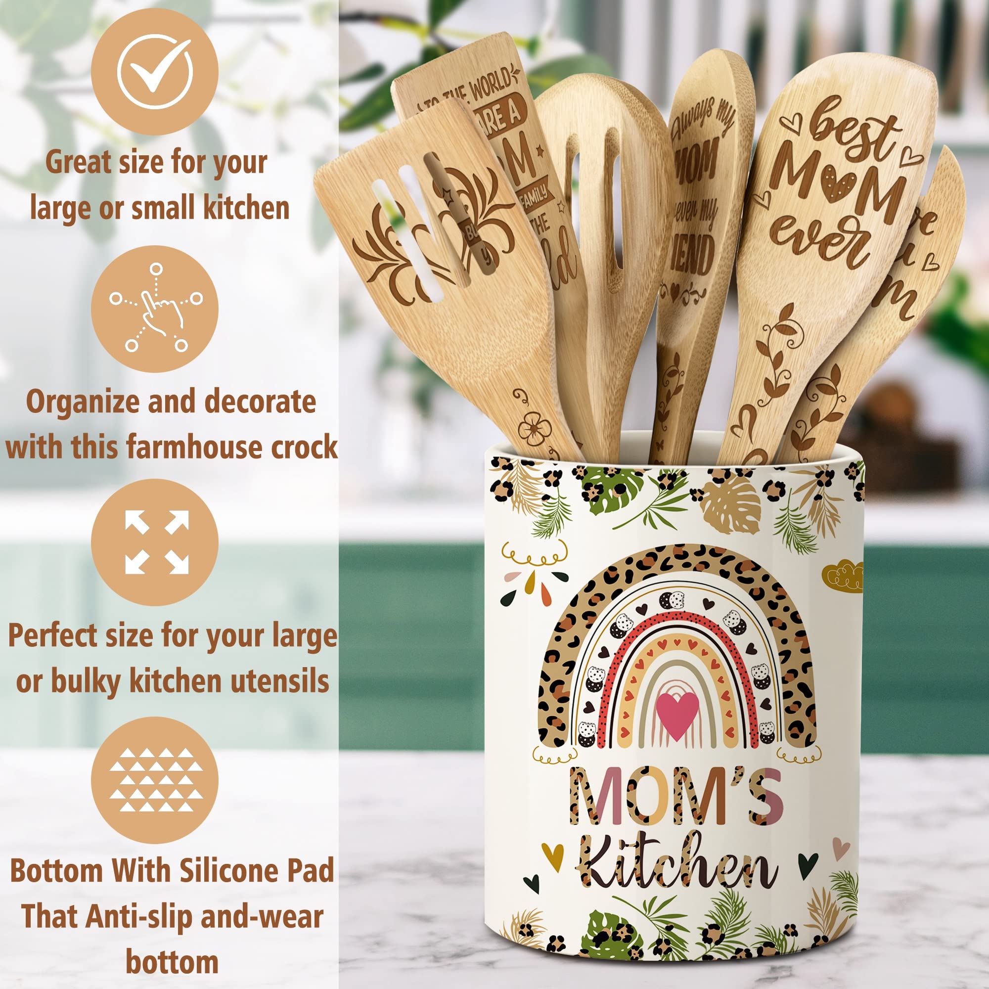 Rabbitable Gifts for Mom, Ceramic Utensil Holder for Cooking with Wooden Spoons Mothers Day Gifts for Mom, Mom Mothers Day Gift Cooking Tools Kitchen Utensils Set with Wooden Spoons for 6