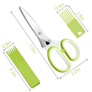 Herb Cutter Scissors 5 Blade Scissors Kitchen Multipurpose Cutting Shear with 5 Stainless Steel Blades & Safety Cover & Cleaning Comb Cilantro Scissors Sharp Shredding Shears Herb Scissors Set (Green)