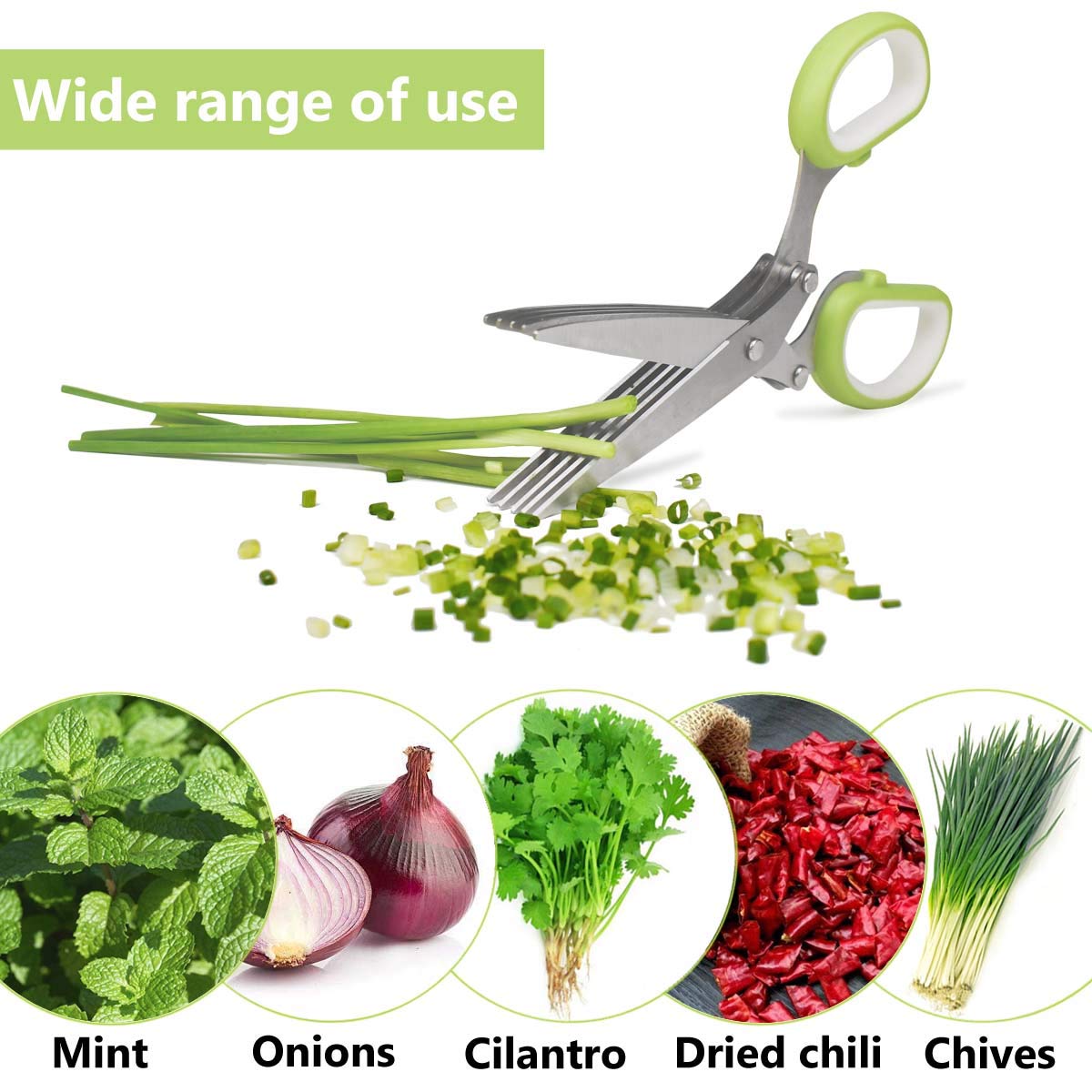 Herb Cutter Scissors 5 Blade Scissors Kitchen Multipurpose Cutting Shear with 5 Stainless Steel Blades & Safety Cover & Cleaning Comb Cilantro Scissors Sharp Shredding Shears Herb Scissors Set (Green)