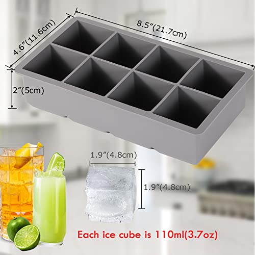 Large Ice Cube Trays for Cocktails, NueZoo 4 Pack Silicone Big Ice Cube Mold with Lids for Whiskey, Square 8 Cavity Ice Cube Maker for Freezer, Easy Release and Flexible