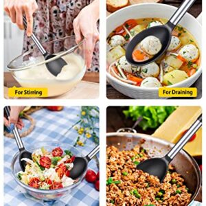 Pack of 2 Large Silicone Cooking Spoons,Non Stick Solid Basting Spoon,Heat-Resistant Kitchen Utensils for Mixing,Serving,Draining,Stirring (BLACK)