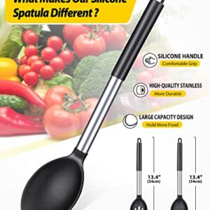 Pack of 2 Large Silicone Cooking Spoons,Non Stick Solid Basting Spoon,Heat-Resistant Kitchen Utensils for Mixing,Serving,Draining,Stirring (BLACK)