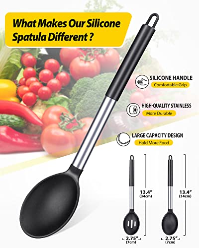 Pack of 2 Large Silicone Cooking Spoons,Non Stick Solid Basting Spoon,Heat-Resistant Kitchen Utensils for Mixing,Serving,Draining,Stirring (BLACK)