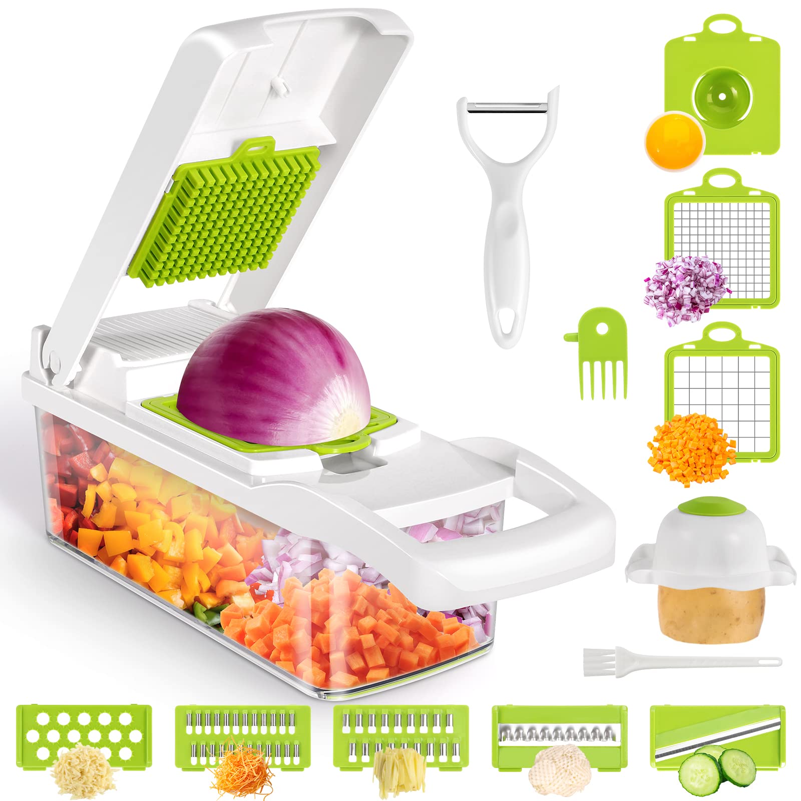 VRJISZTA 13 in 1 Kitchen Vegetable Chopper Slicer Dicer, Food Chopper/Cutter, veggie Chopper with 8 Blades, Storage Container for Egg Onion Tomato Potato Carrot Salad