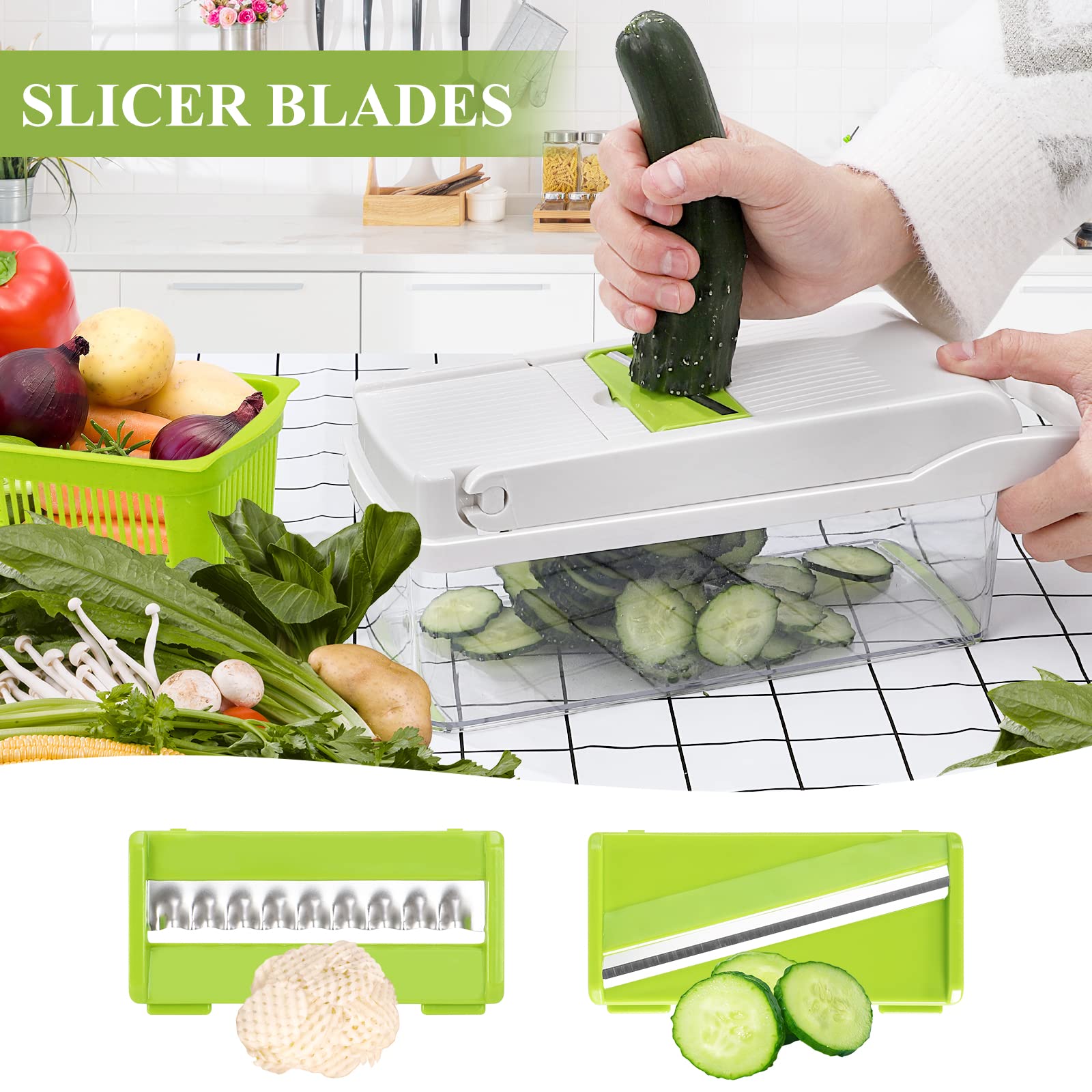 VRJISZTA 13 in 1 Kitchen Vegetable Chopper Slicer Dicer, Food Chopper/Cutter, veggie Chopper with 8 Blades, Storage Container for Egg Onion Tomato Potato Carrot Salad