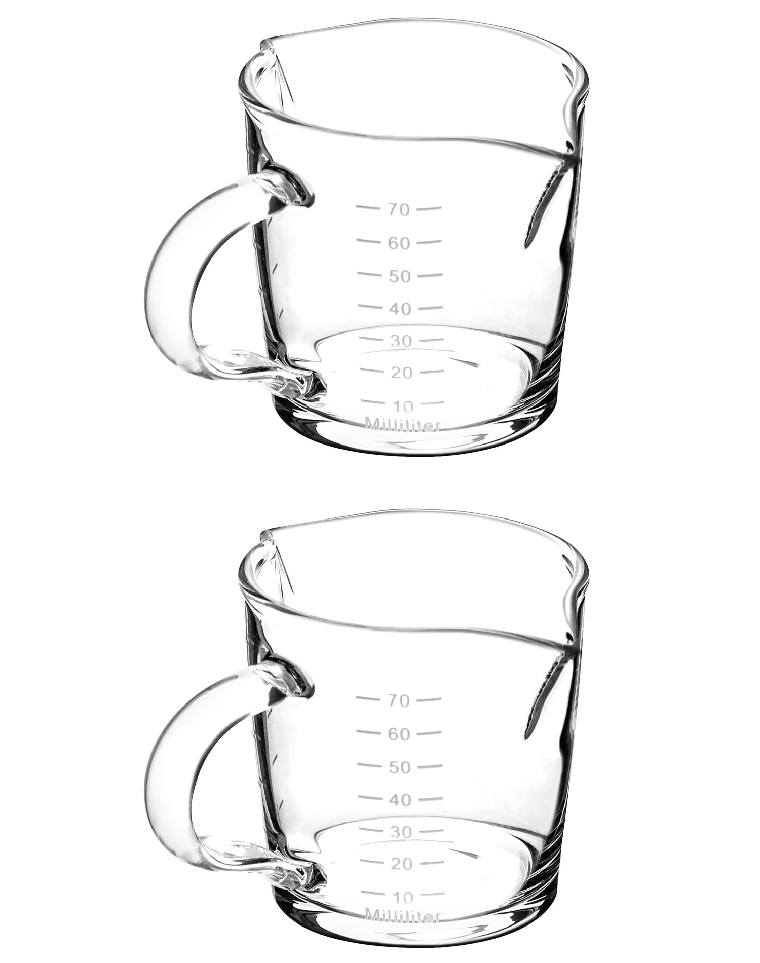 QWORK Espresso Shot Glass with Handle, 2 Pack 3-Ounce Double Spout Glass Measuring Cup Triple Pitcher Milk Cup with Two Scales (OZ&ML)