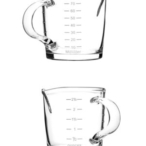 QWORK Espresso Shot Glass with Handle, 2 Pack 3-Ounce Double Spout Glass Measuring Cup Triple Pitcher Milk Cup with Two Scales (OZ&ML)