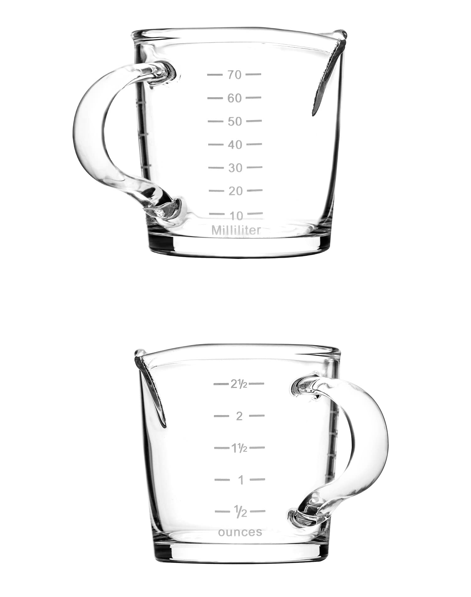 QWORK Espresso Shot Glass with Handle, 2 Pack 3-Ounce Double Spout Glass Measuring Cup Triple Pitcher Milk Cup with Two Scales (OZ&ML)