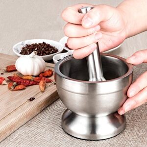 Bekith Mortar and Pestle Sets 18/8 Brushed Stainless Steel Spice Grinder Pill Crusher Molcajete Herb Bowl