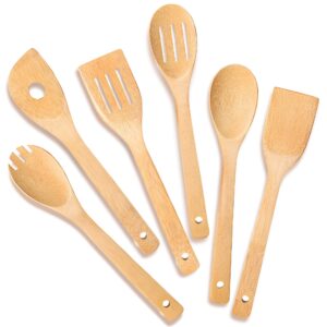 iooleem bamboo wooden spoons for cooking 6 pcs 12inch,non-stick wooden kitchen utensils set,natural and durable wooden spatula spoons for non-stick pan for cooking