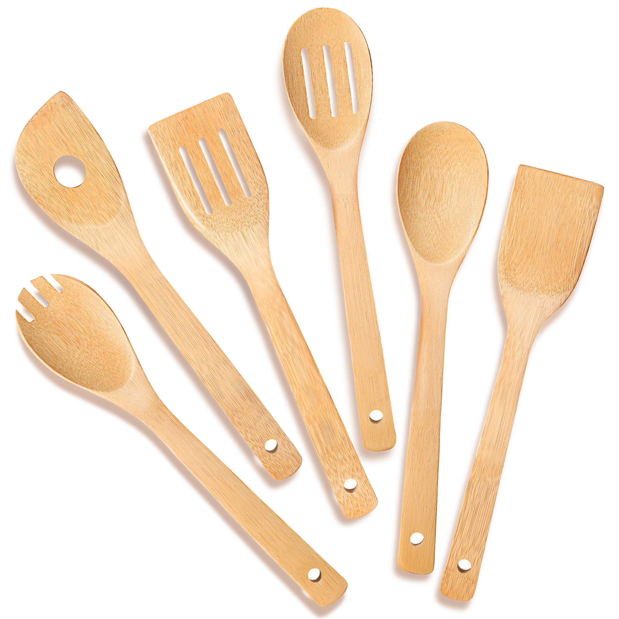 IOOLEEM Bamboo Wooden Spoons for Cooking 6 Pcs 12Inch,Non-Stick Wooden Kitchen Utensils Set,Natural and Durable Wooden Spatula Spoons for Non-Stick Pan for Cooking