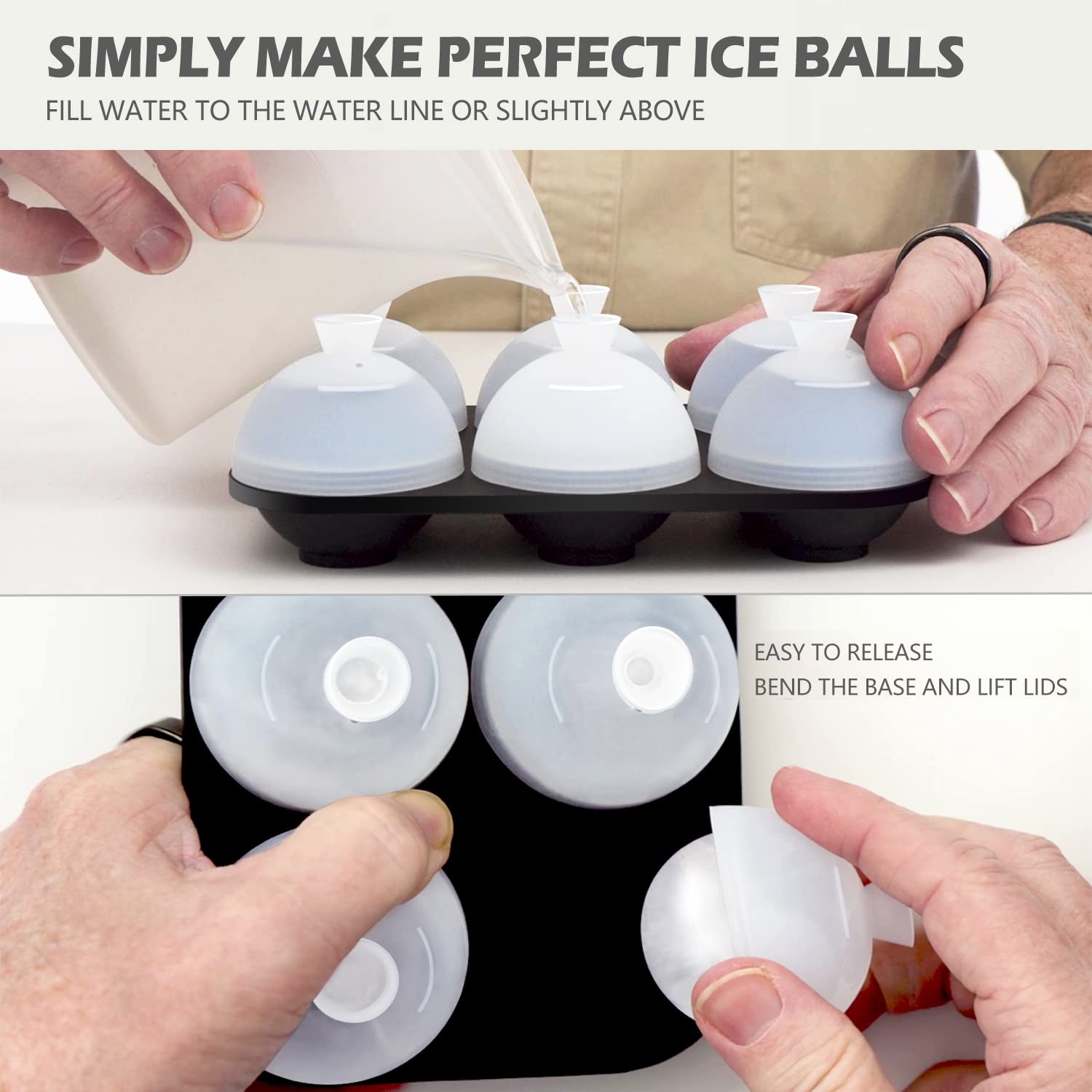 HONYAO Whiskey Ice Ball Mold, Silicone Ice Ball Maker Mold with Individual Lid Easy Fill and Release Round Sphere Ice Mold for Cocktails Bourbon - 2 inch 6 Ice Balls