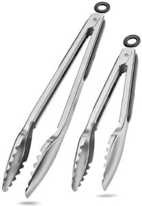bnlcd cooking tongs with teeth, premium stainless steel kitchen tongs set of 2-9" and 12", heavy duty locking metal food tongs with non-slip grip - black