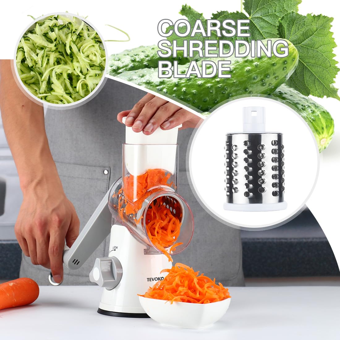 Tevokon Cheese Grater Rotary Cheese Grater 3 Multi Blade Cheese Shredder Manual Vegetable Slicer with Non-slip Suction Base Nuts Grinder Vegatable Shredder With Brush Peeler White