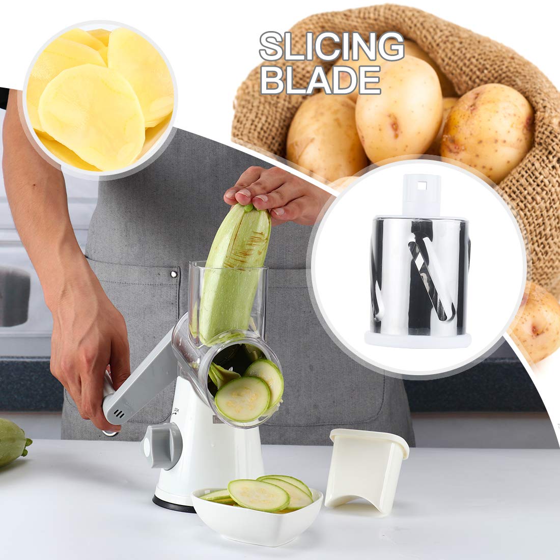 Tevokon Cheese Grater Rotary Cheese Grater 3 Multi Blade Cheese Shredder Manual Vegetable Slicer with Non-slip Suction Base Nuts Grinder Vegatable Shredder With Brush Peeler White