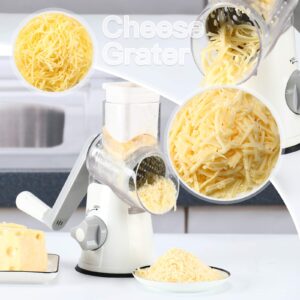 Tevokon Cheese Grater Rotary Cheese Grater 3 Multi Blade Cheese Shredder Manual Vegetable Slicer with Non-slip Suction Base Nuts Grinder Vegatable Shredder With Brush Peeler White