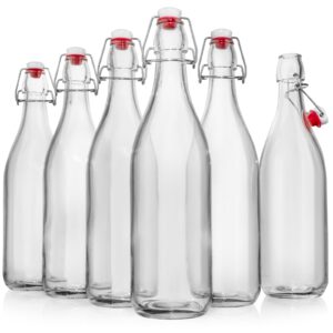 WILLDAN Giara Glass Bottle with Stopper Caps, Set of 6-33.75 Oz Swing Top Glass Bottles for Beverages, Oils, Kombucha, Kefir, Vinegar, Leak Proof Lids