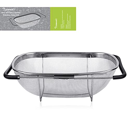 6-Quart Large Over The Sink Colander, 18/8 Stainless Steel Fine Mesh Strainer Basket with Expandable Rubber Grip Handles - Strain, Drain, Rinse Fruits, Vegetables