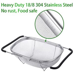 6-Quart Large Over The Sink Colander, 18/8 Stainless Steel Fine Mesh Strainer Basket with Expandable Rubber Grip Handles - Strain, Drain, Rinse Fruits, Vegetables