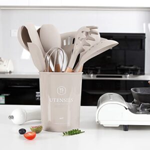 NCUE Kitchen Utensils Set with Holder, 26 pcs BPA Free Non-stick, Wooden Handle Heat Resistance Silicone Spatula Spoon Kitchen Gadgets Cooking Utensils Set (Khaki)