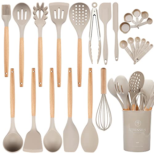 NCUE Kitchen Utensils Set with Holder, 26 pcs BPA Free Non-stick, Wooden Handle Heat Resistance Silicone Spatula Spoon Kitchen Gadgets Cooking Utensils Set (Khaki)