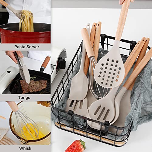 NCUE Kitchen Utensils Set with Holder, 26 pcs BPA Free Non-stick, Wooden Handle Heat Resistance Silicone Spatula Spoon Kitchen Gadgets Cooking Utensils Set (Khaki)