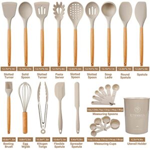 NCUE Kitchen Utensils Set with Holder, 26 pcs BPA Free Non-stick, Wooden Handle Heat Resistance Silicone Spatula Spoon Kitchen Gadgets Cooking Utensils Set (Khaki)