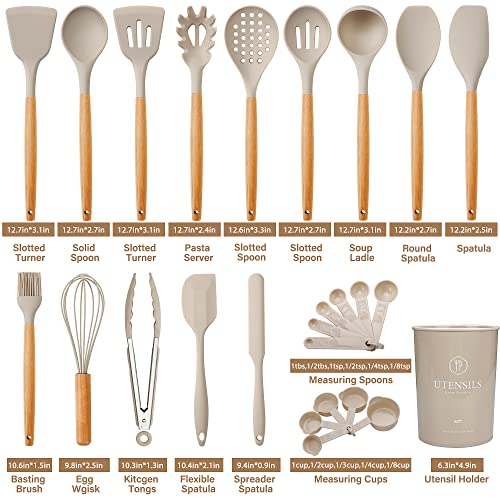 NCUE Kitchen Utensils Set with Holder, 26 pcs BPA Free Non-stick, Wooden Handle Heat Resistance Silicone Spatula Spoon Kitchen Gadgets Cooking Utensils Set (Khaki)