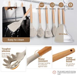 NCUE Kitchen Utensils Set with Holder, 26 pcs BPA Free Non-stick, Wooden Handle Heat Resistance Silicone Spatula Spoon Kitchen Gadgets Cooking Utensils Set (Khaki)