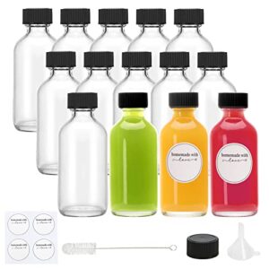 cucumi shot bottles with caps, 14pcs 2oz small clear glass juice bottles with lids for juice, potion, ginger, diy essential oils, whiskey, with funnels, perfumes