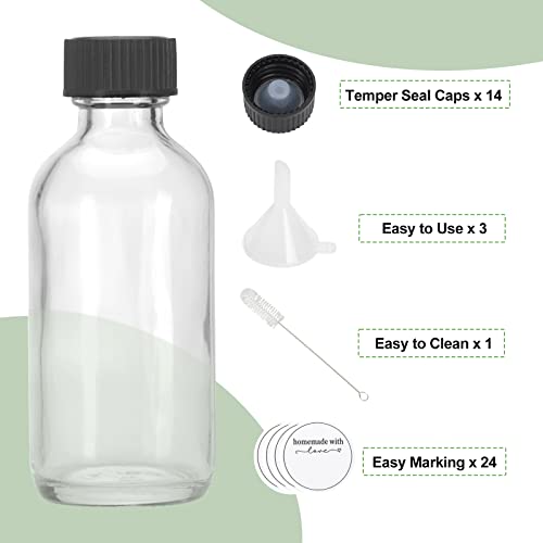 CUCUMI Shot Bottles with Caps, 14pcs 2oz Small Clear Glass Juice Bottles with Lids for Juice, Potion, Ginger, Diy Essential Oils, Whiskey, with Funnels, Perfumes