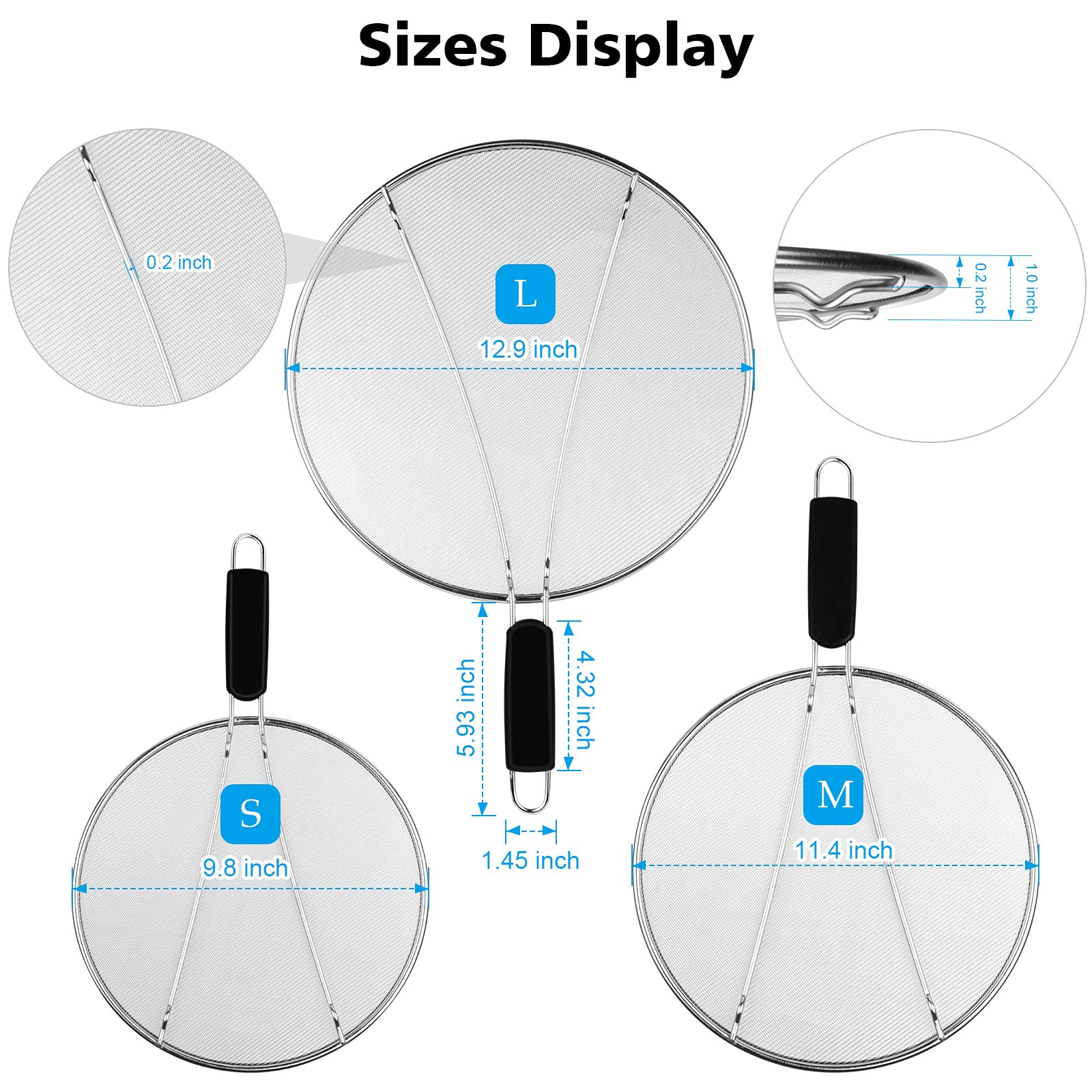 Splatter Screen for Frying Pan 9.8" 11.4" 13", Grease Splatter Guard Hot Oil Splatter Guard, Stainless Steel Fine Mesh Splash Guard with Resting Feet, Shield Grease for Cooking to Prevent Oil Splatter