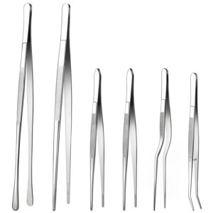 fine tweezer tongs, 6pcs cooking tweezers, 12'' and 6.3" stainless steel food tweezers, professional kitchen long tweezer with round and curved tips for baking(6pcs, 12"+6.3")