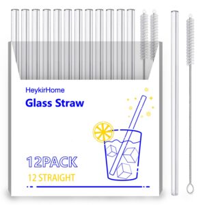 heykirhome 12-pack reusable glass straws,size 8''x10 mm,including12 bent with 2 cleaning brush- perfect for smoothies, tea, juice