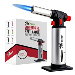 jo chef kitchen torch, blow torch - refillable butane torch with safety lock & adjustable flame & fuel gauge - culinary torch, creme brulee torch for cooking food, baking, bbq + free recipe ebook