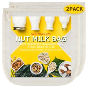 nut milk bags(upgraded, weave 90x88), all natural cheesecloth bags 12"x12" 2 pack, 100% unbleached cotton cloth bags for cheese/tea/yogurt/juice/wine/soup/herbs, washable reusable almond milk strainer