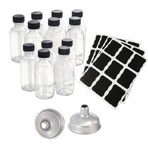10pcs 2 oz small clear glass bottles(60ml)with 2 stainless steel funnels&32 chalkboard labels,boston round shot bottles with caps,perfect for party favors,essential oils,juice,whiskey,no leakage