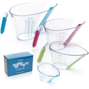 4-piece angled liquid measuring cups plastic set - mini oz, 1, 2 and 4 plastic measuring cup sizes - plastic measuring cups for liquids with ml & cups measures - kpkitchen small & large measure cup