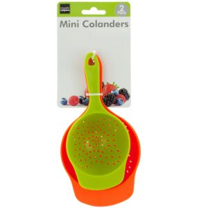 Brandobay Mini Colanders Set 2 Plastic Pack Kitchen Mesh Food Strainers Colander Handles Red Lime Green 6.5 and 7.5 Inch Strainer For Pasta Vegetables and Fruits