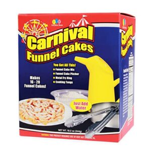 fun pack foods - carnival funnel cakes deluxe kit - includes (2) original funnel cake mixes, pitcher, fry ring & cooking tongs