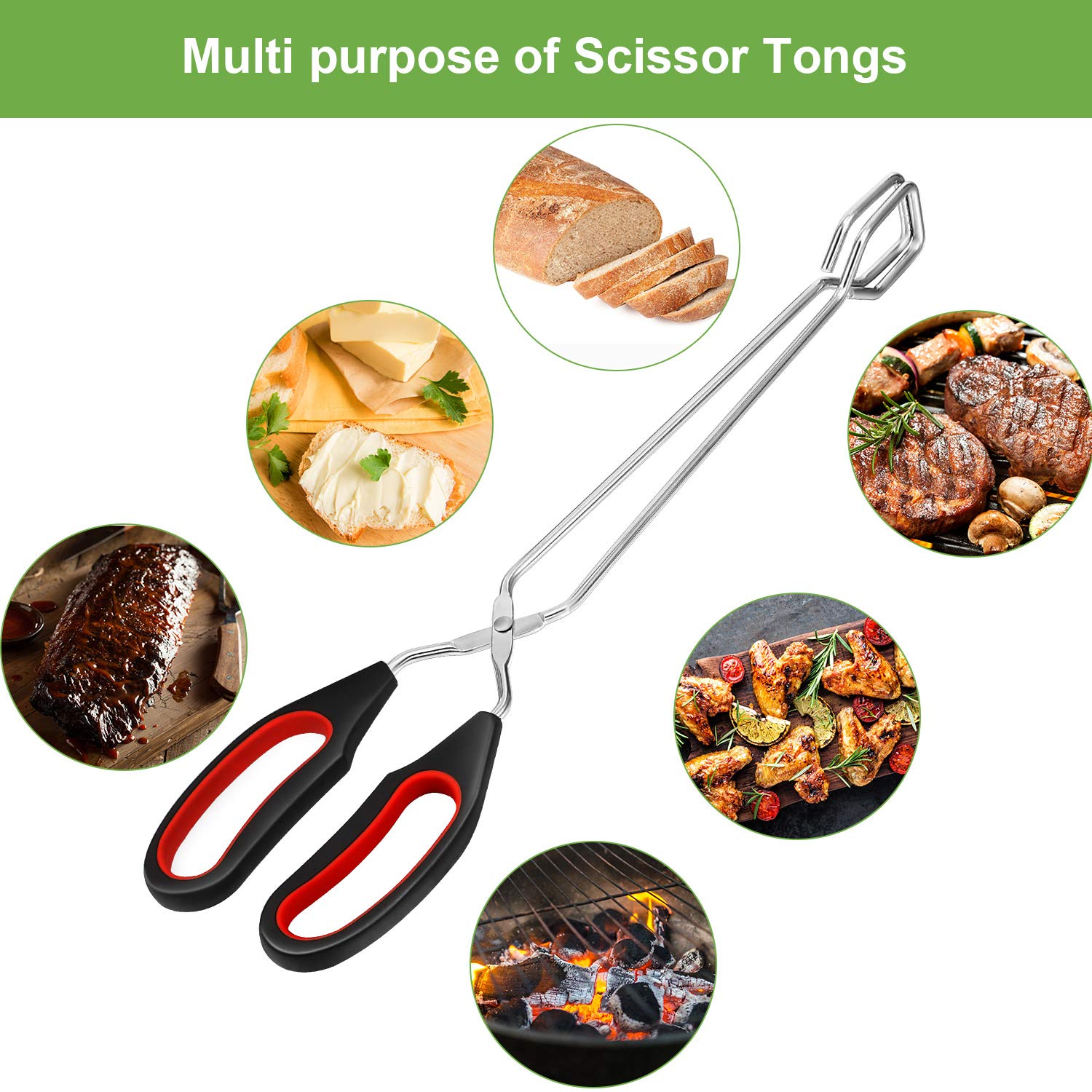 3 Pack Cooking Scissor Tongs Kitchen Baking Bread Food Tong Barbecue Grilling Tongs for Flipping Food Tool, 9/11/ 12 Inch