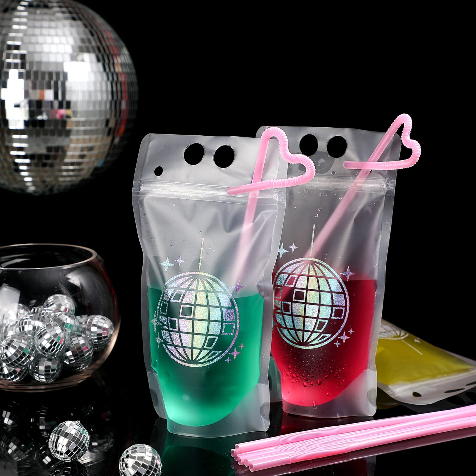 Hoolerry 72 Pcs Disco Pouches for Drinks Adult Drink Pouches 70s Disco Party Drink Pouches with Straws Resealable Disco Theme Drink Bags Plastic Zipper Clear Juice Pouches for Party Supplies (Classic)
