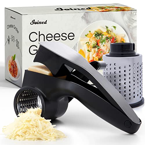 Joined Rotary Cheese Grater with Handle and 2 Interchangeable Grating Drums -Parmesan Cheese Grater Rotary Handheld - Fine and Coarse Grind Kitchen Grater Rotary Tool