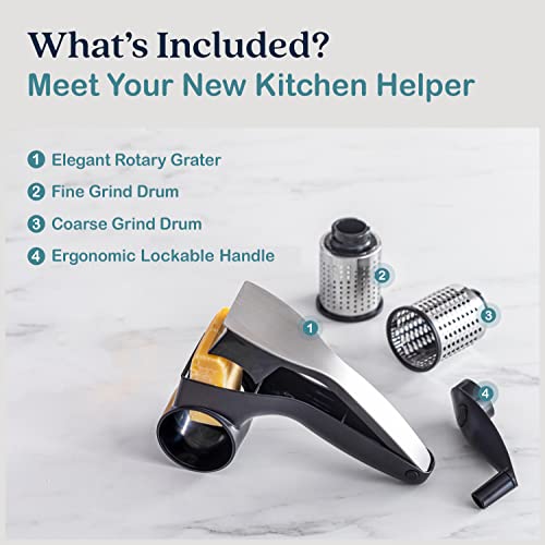 Joined Rotary Cheese Grater with Handle and 2 Interchangeable Grating Drums -Parmesan Cheese Grater Rotary Handheld - Fine and Coarse Grind Kitchen Grater Rotary Tool