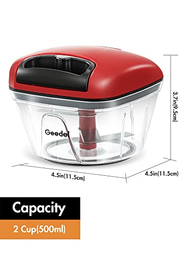 Manual Food Processor Vegetable Chopper, Geedel Pull Cutter with String for Veggies, Fruits, Salad, Onion, Ginger, Nuts, Herbs, etc, 2 Cup(500ml), Red